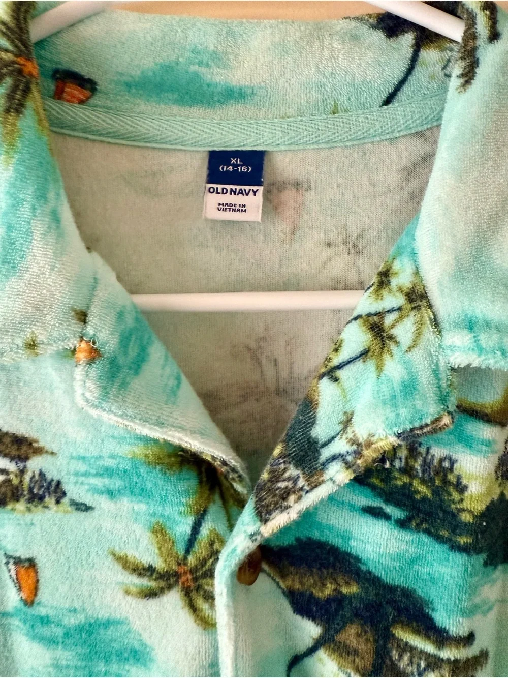 Old Navy Boys Tropical Island Terry Cloth Button-Up Shirt and Shorts, Size 14-16